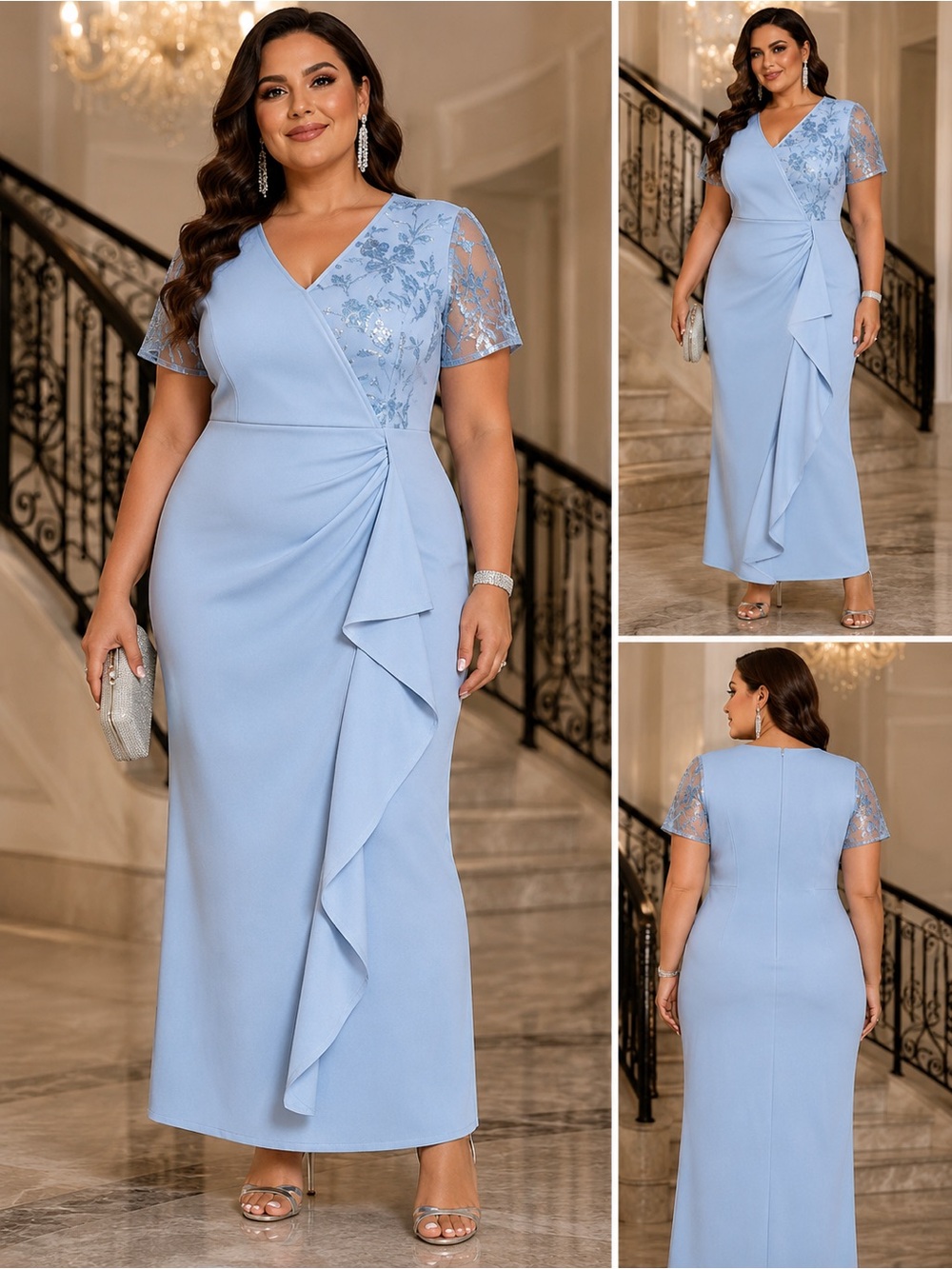 V-neck Light Blue Evening Gown with Lace Sleeve Detail